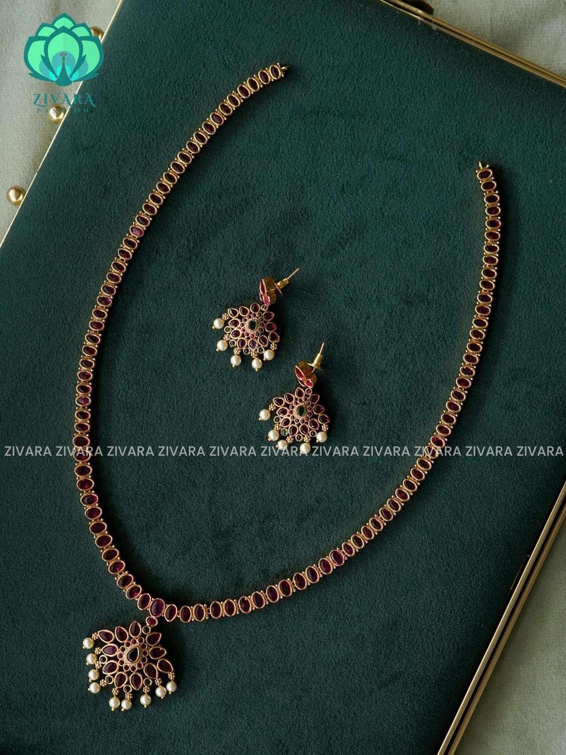 REAL KEMP MOTIF FREE  - Traditional PREMIUM MATTE polish MIDCHEST haaram/neckwear with earrings- Zivara Fashion