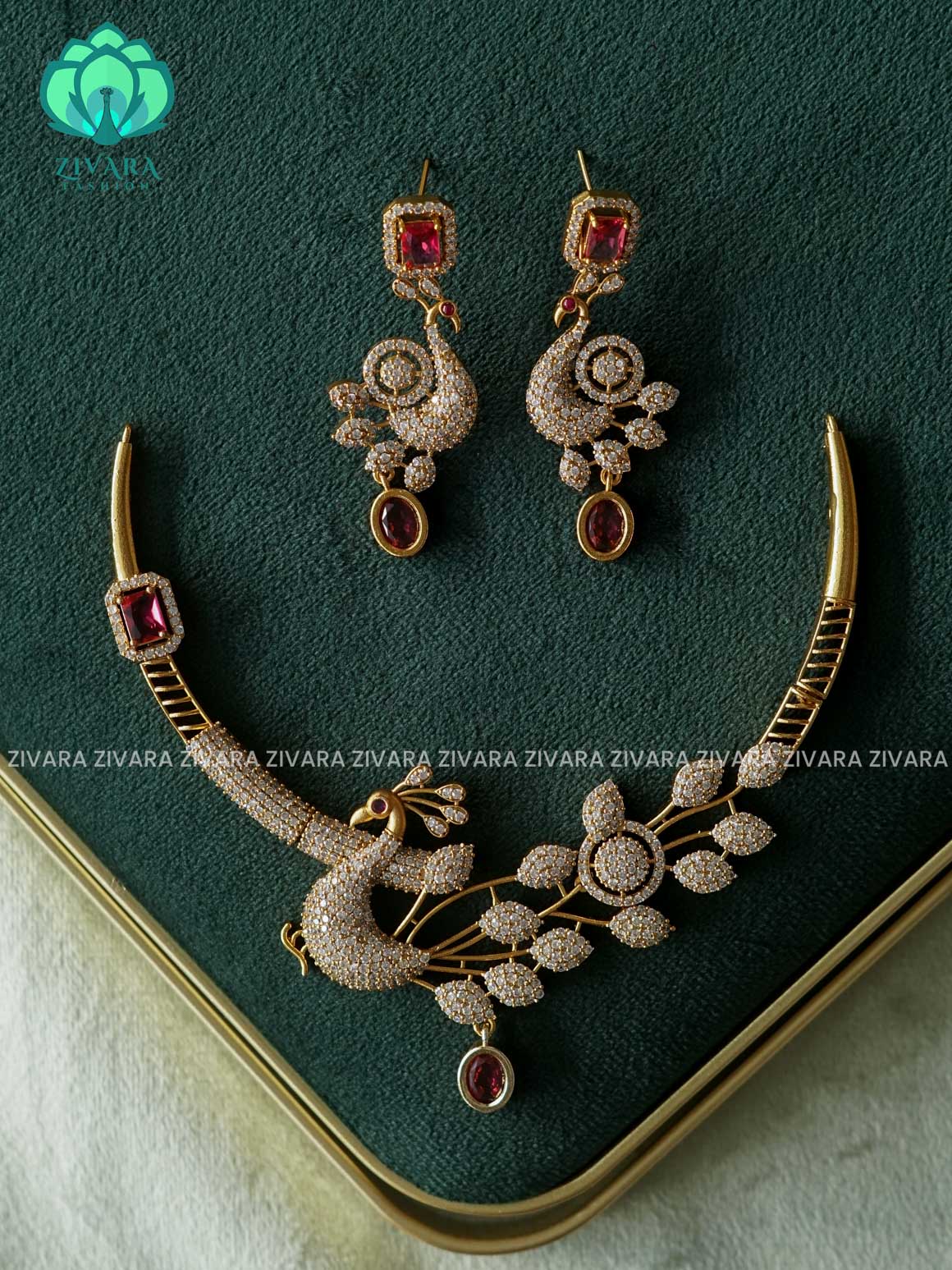 RUBY PEACOCK HASLI - Traditional south indian premium neckwear with earrings- Zivara Fashion- latest jewellery design