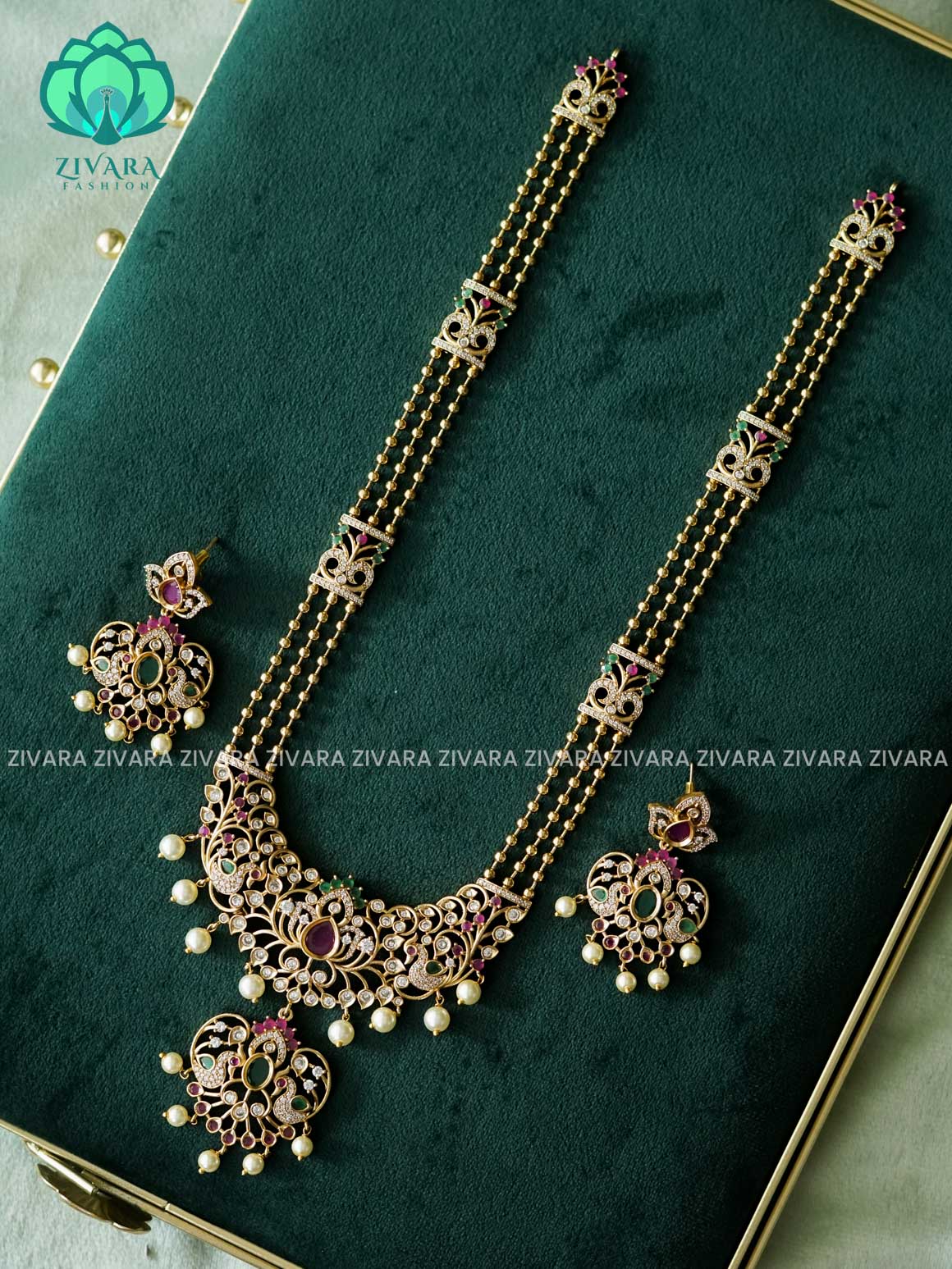 PEACOCK PENDANT BALL CHAIN - Traditional PREMIUM MATTE polish MIDCHEST haaram/neckwear with earrings- Zivara Fashion