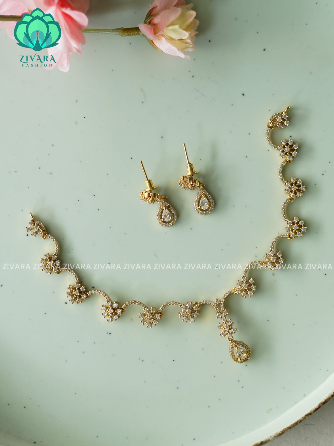 Kanya - WHITE STONE DIAMOND REPLICA - SUBTLE POLISH stylish and minimal elegant neckwear with earrings- Zivara Fashion