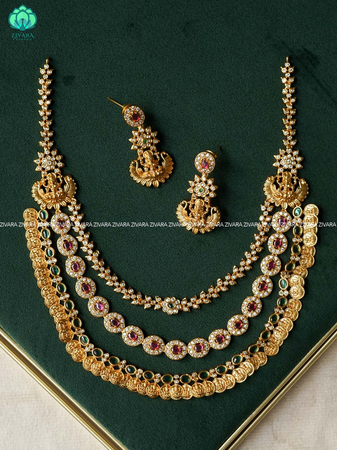 TEMPLE COIN 3 LAYER BRIDAL NECKWARE - Traditional south indian premium neckwear with earrings- Zivara Fashion- latest jewellery design