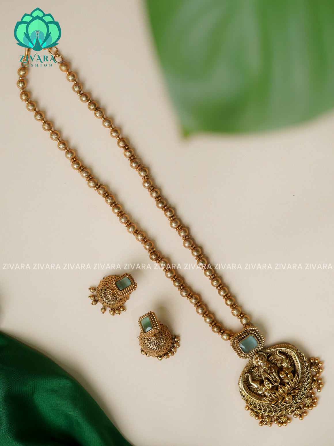 MINT TEMPLE PENDANT BALL CHAIN - Traditional PREMIUM MATTE polish MIDCHEST haaram/neckwear with earrings- Zivara Fashion