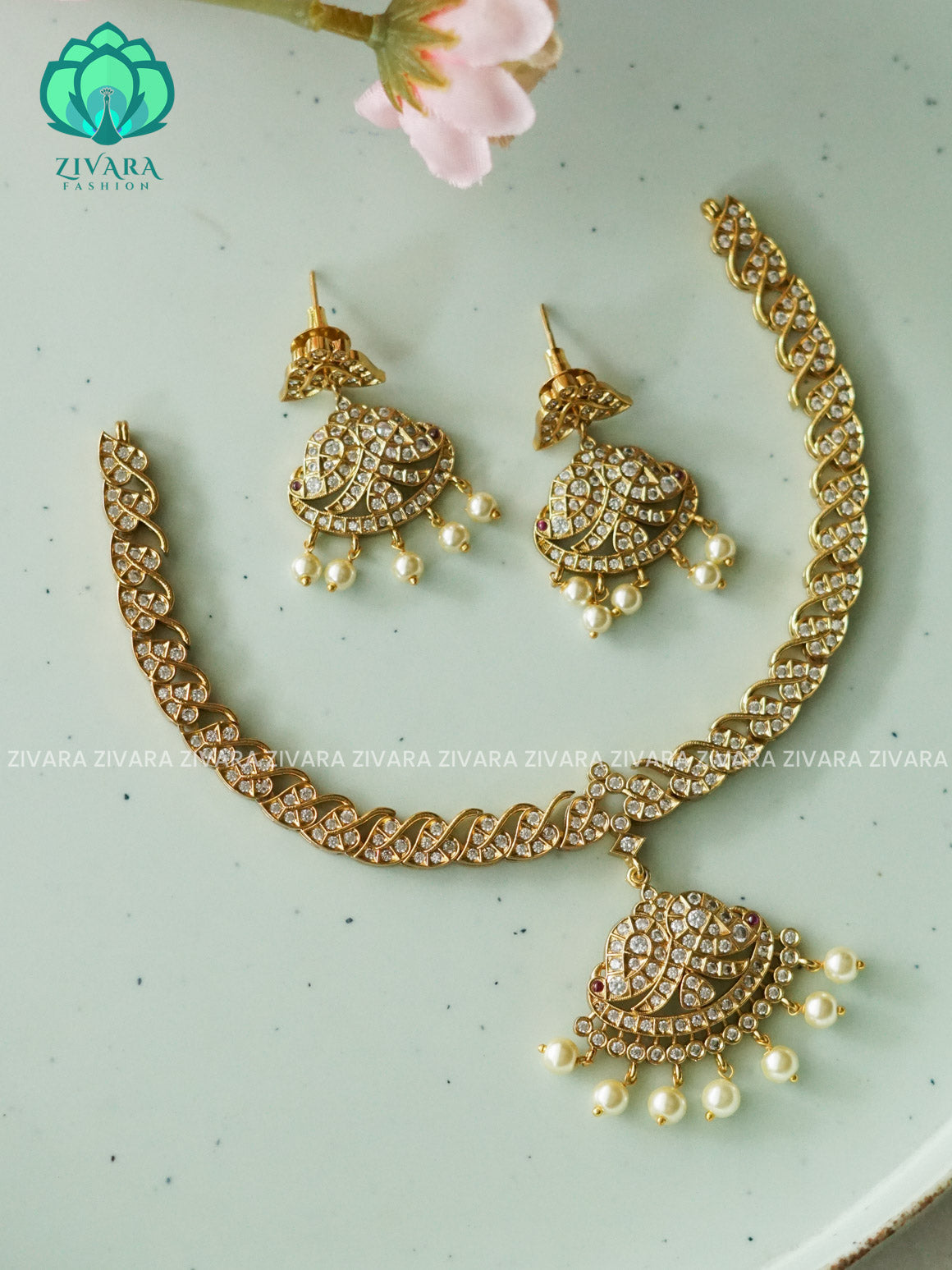 WHITE MINIMAL SUBTLE MATTE FINISH WITH PEARL HANGINGS -Traditional south indian premium neckwear with earrings- Zivara Fashion- latest jewellery design