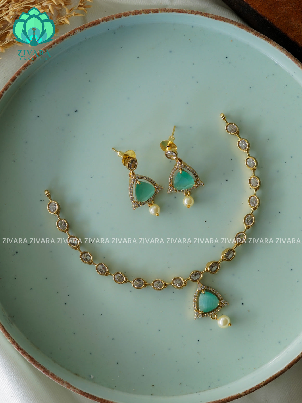 Pastel green Kids friendly simple stone - stylish and minimal elegant neckwear with earrings- Zivara Fashion