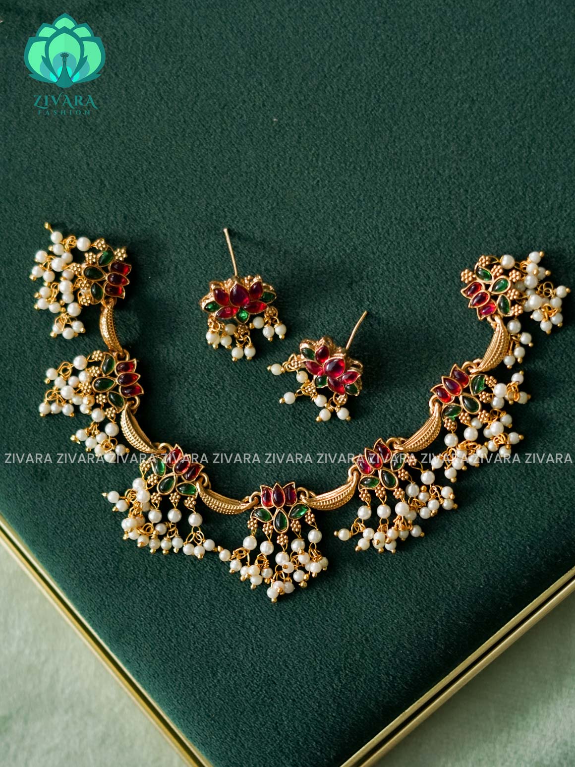 Trending NORMAL MATTE LOTUS  neckwear with earrings- Zivara Fashion- latest jewellery design