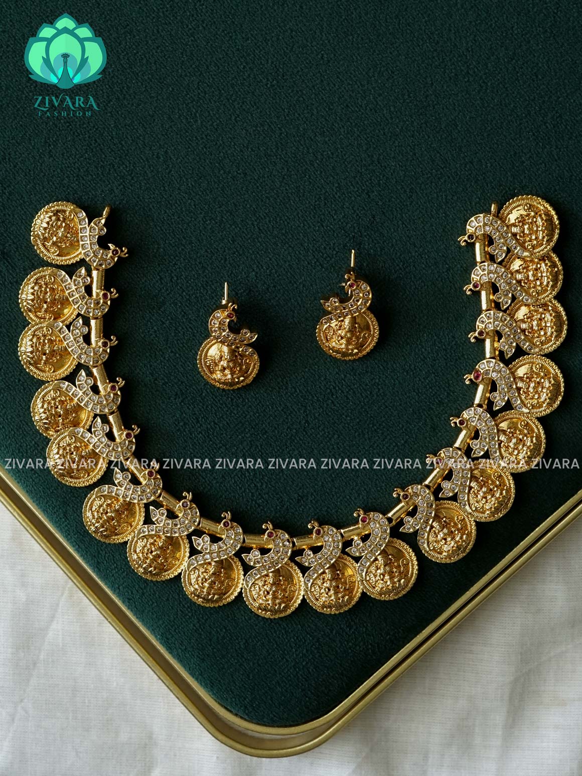 TEMPLE COIN WHITE STONE   - Traditional south indian premium neckwear with earrings- Zivara Fashion- latest jewellery design