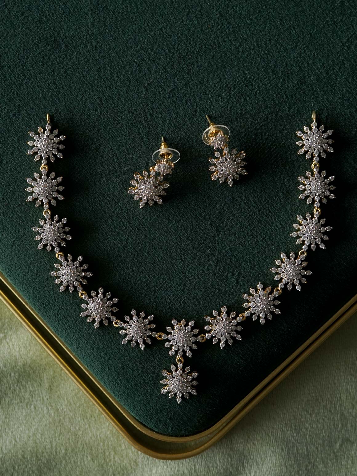 WHITE STONE SNOW FLAKE  - AD MICROGOLD POLISH WITH EARRING - Zivara Fashion- latest jewellery design