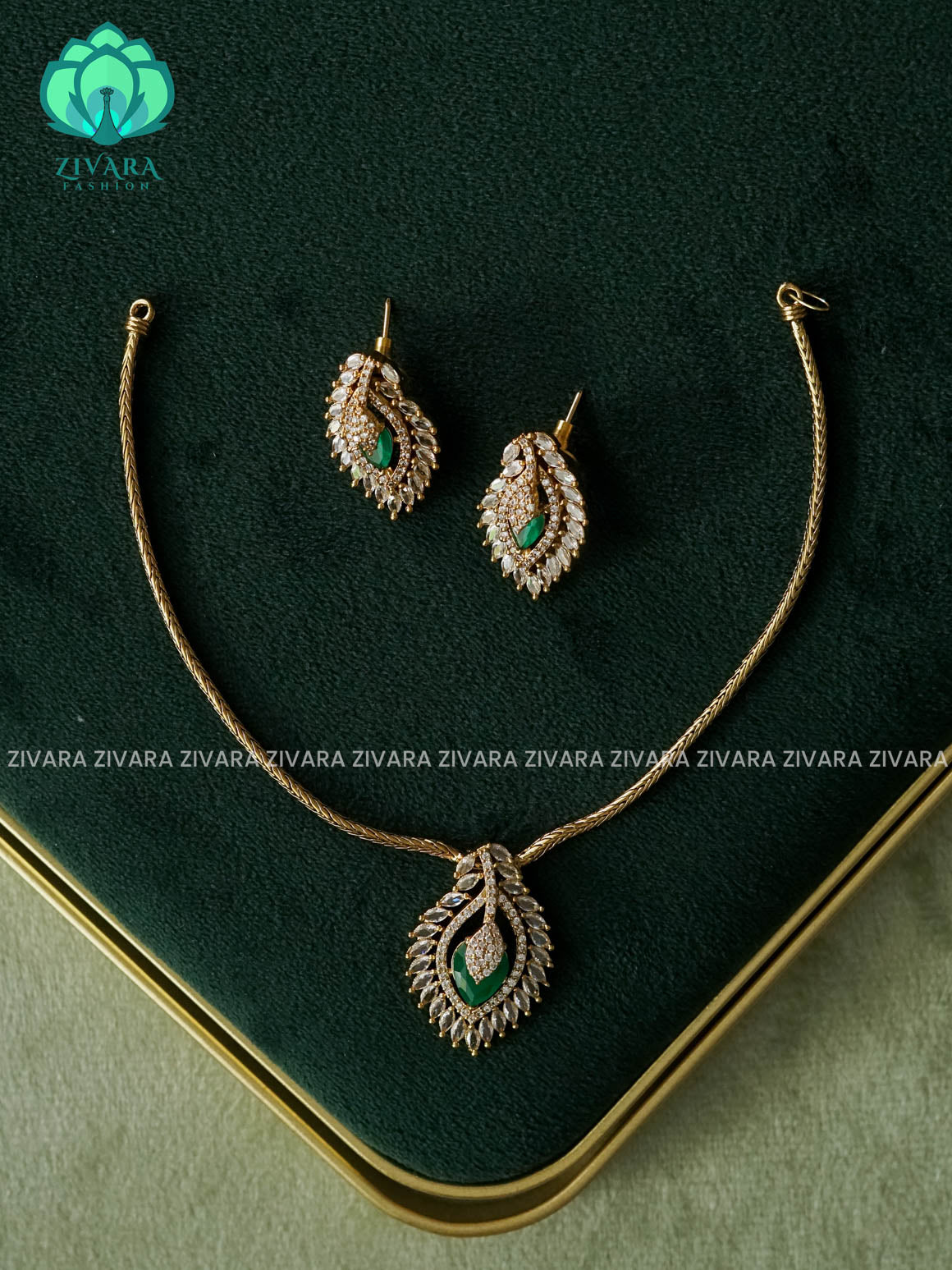 DHRUVA SERIES - GREEN WHITE LEAF SIMPLE KIDS FRIENDLY FLEXIBLE CHAIN  - Traditional south indian premium neckwear - Zivara Fashion- latest jewellery design