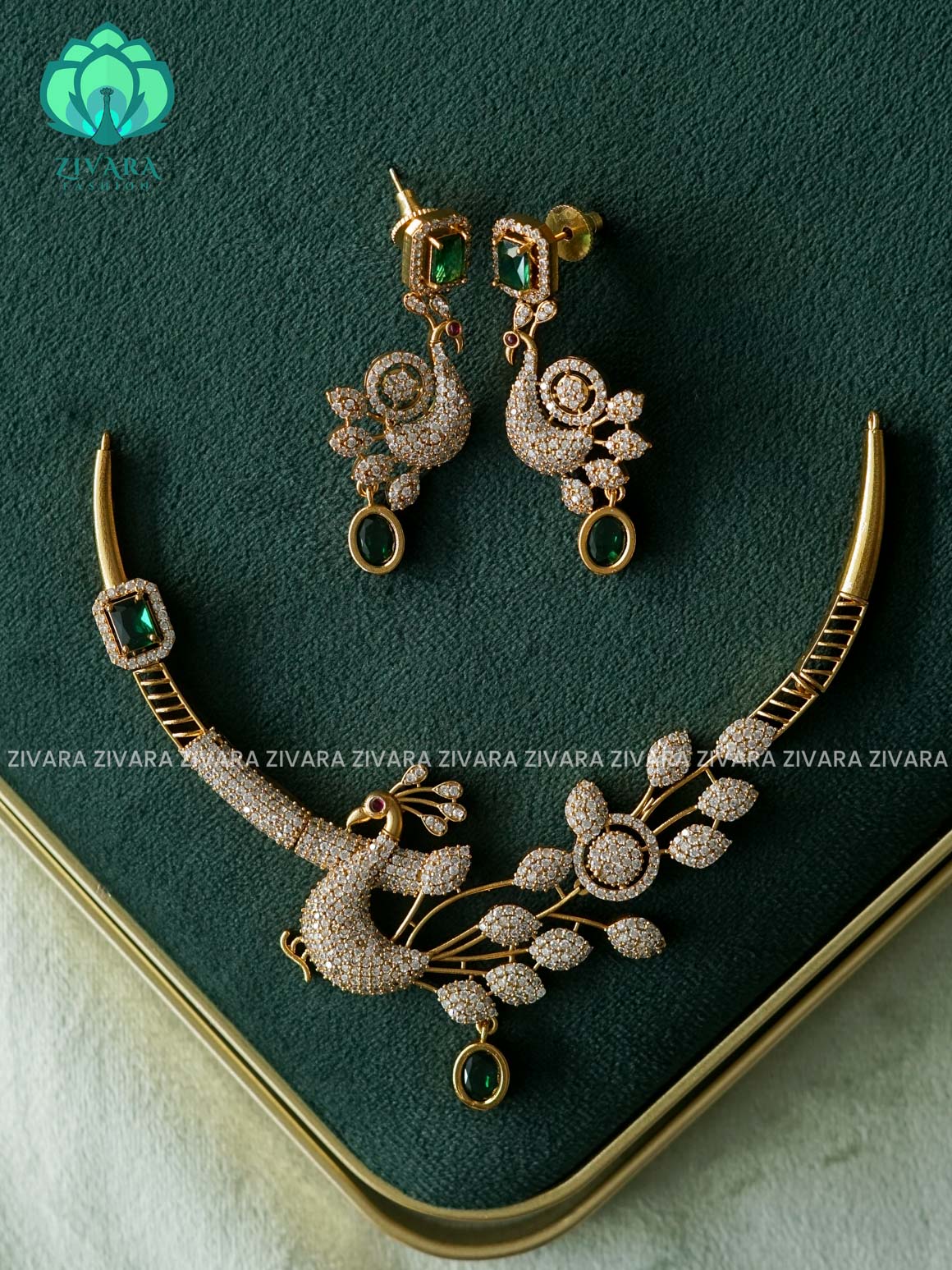 GREEN PEACOCK HASLI - Traditional south indian premium neckwear with earrings- Zivara Fashion- latest jewellery design