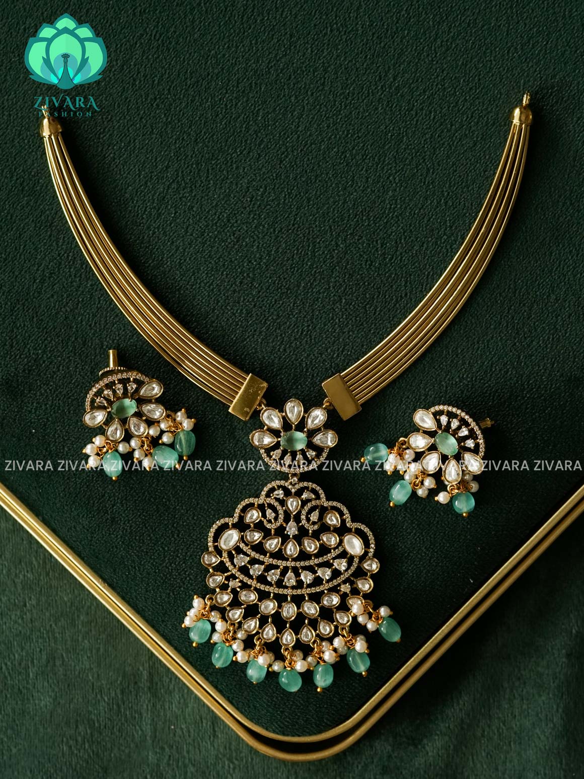 AKSHAYAM -  PASTEL GREEN  BRIDAL HASLI  - PREMIUM  MATTE FINISH - stylish and minimal elegant neckwear with earrings- Zivara Fashion