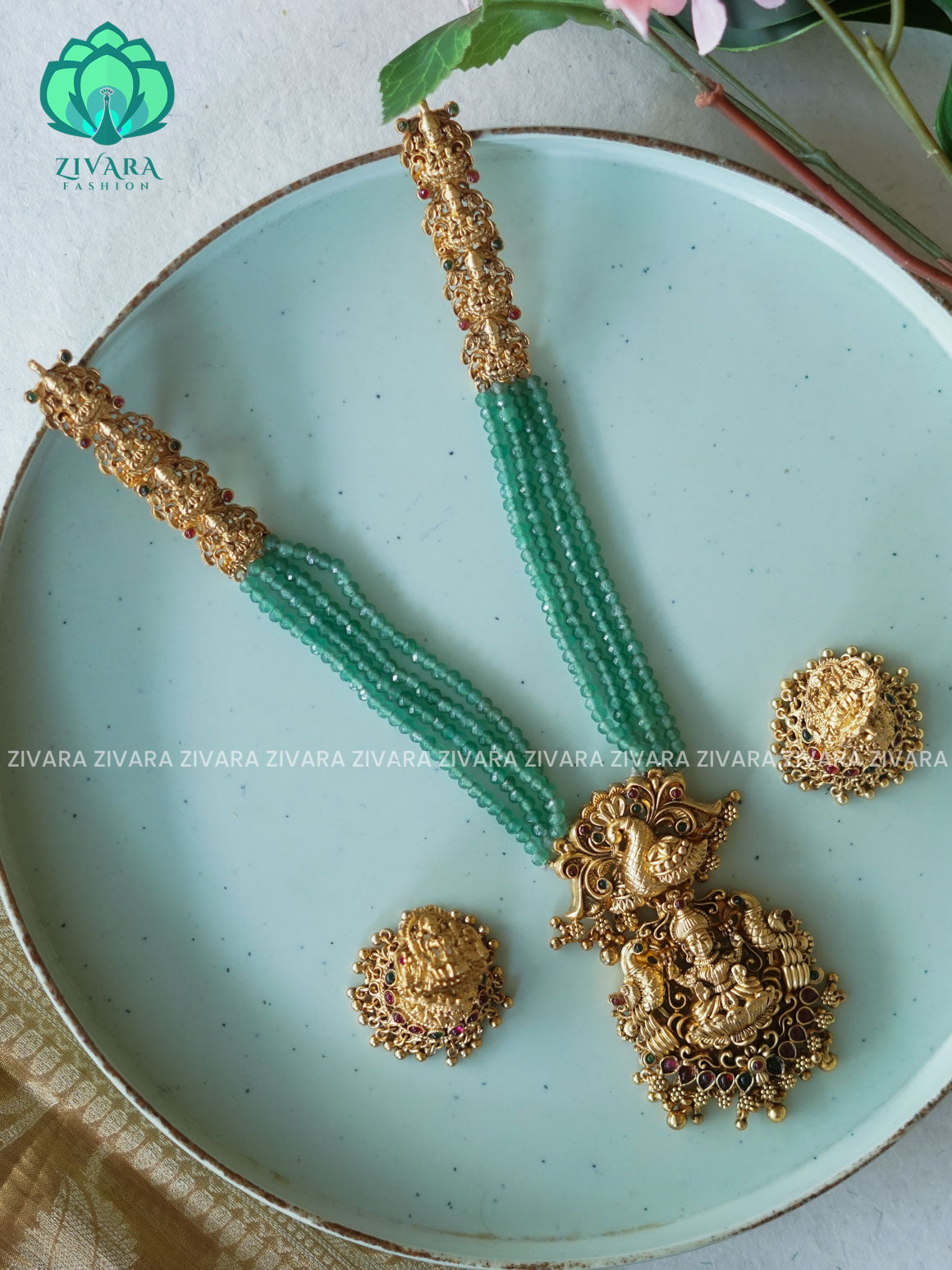 PASTEL Green beads haaram MIDCHEST  neckwear with earrings- normal Matte Finish- Zivara Fashion