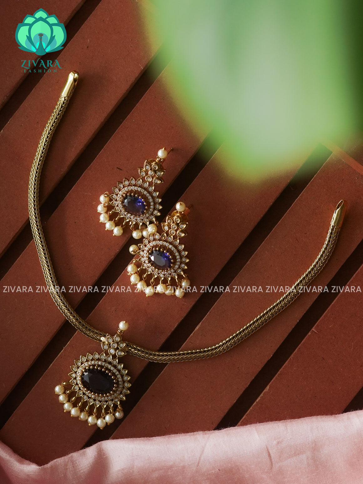 Purple - Flexible chain OVAL   pendant -Traditional south indian premium neckwear with earrings- Zivara Fashion- latest jewellery design