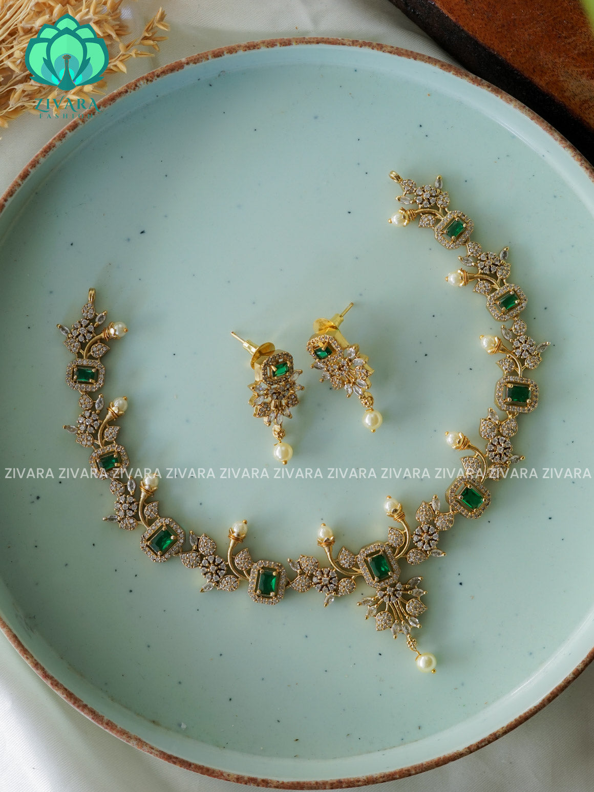 GREEN - FLORAL- SUBTLE GOLD FINISH MINIMAL ELEGANT NNECKWEAR - Zivara Fashion- latest jewellery design