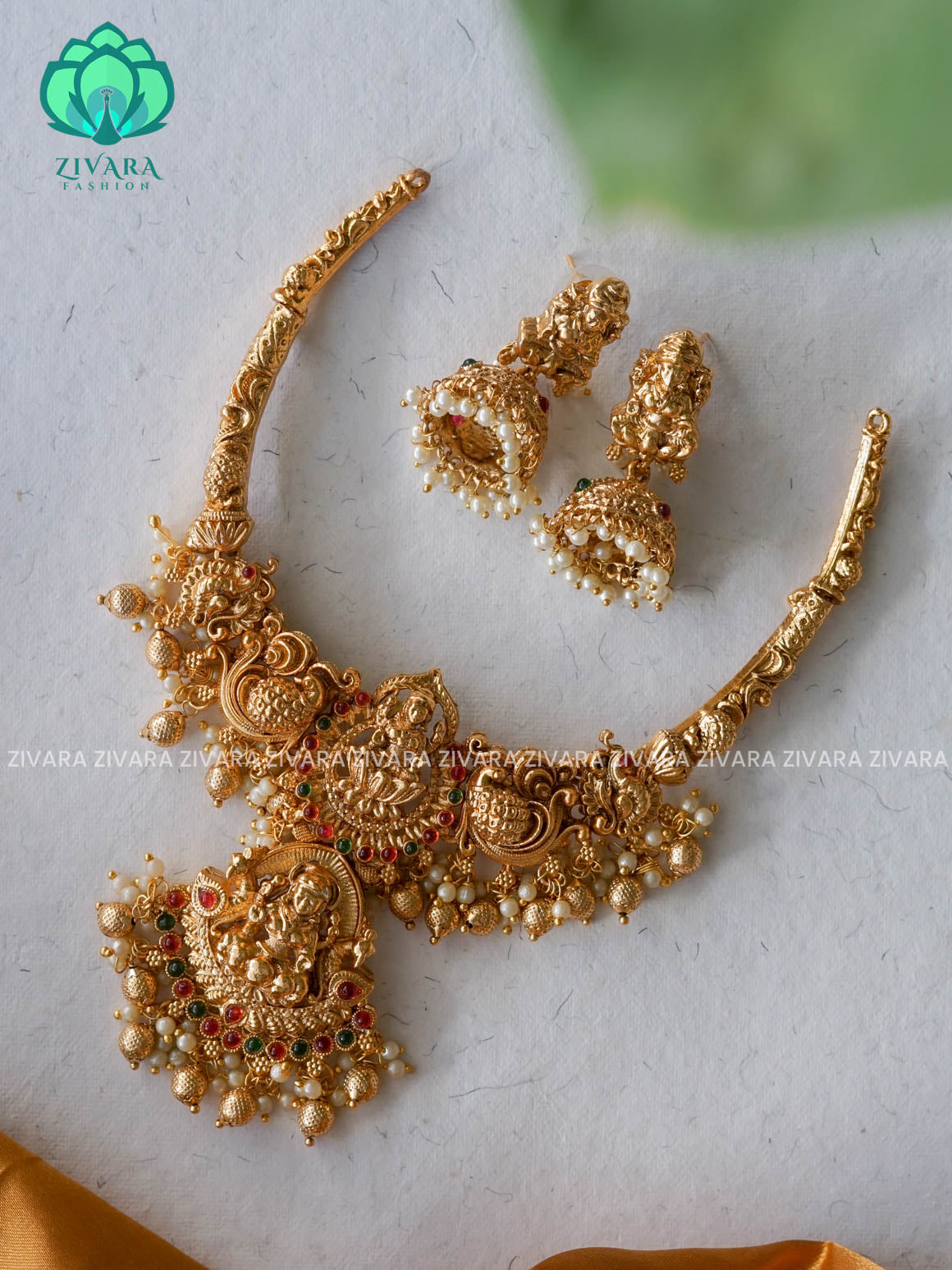 GOLD BEADS HEAVY TEMPLE NORMAL MATTE HASLI neckwear with earrings- Zivara Fashion- latest jewellery design