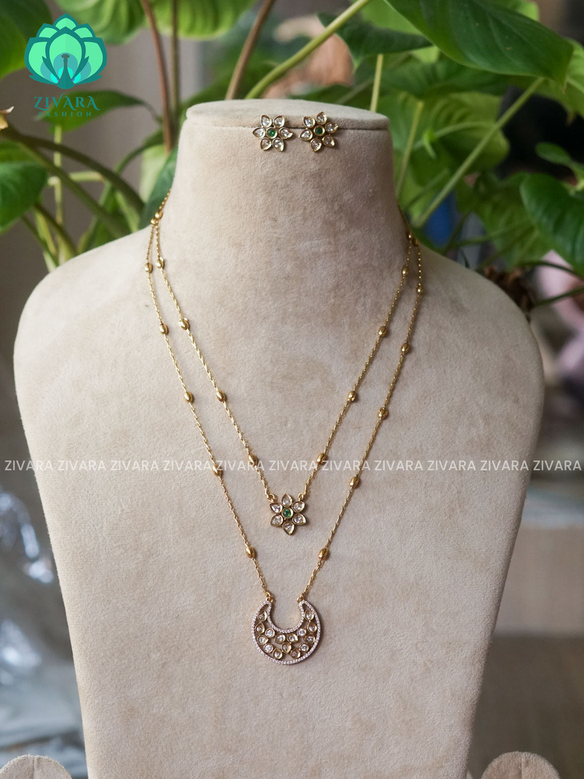 GREEN- DOUBLE LAYER MOON THIN CHAIN  -Traditional south indian premium neckwear with earrings- Zivara Fashion- latest jewellery design