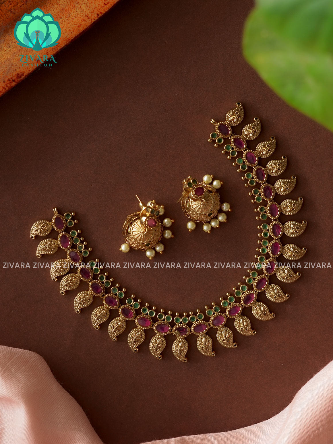 RUBY GREEN MANGO MOTIF  WITH FLORAL STONES NECKWEAR  -Traditional south indian premium neckwear with earrings- Zivara Fashion- latest jewellery design.
