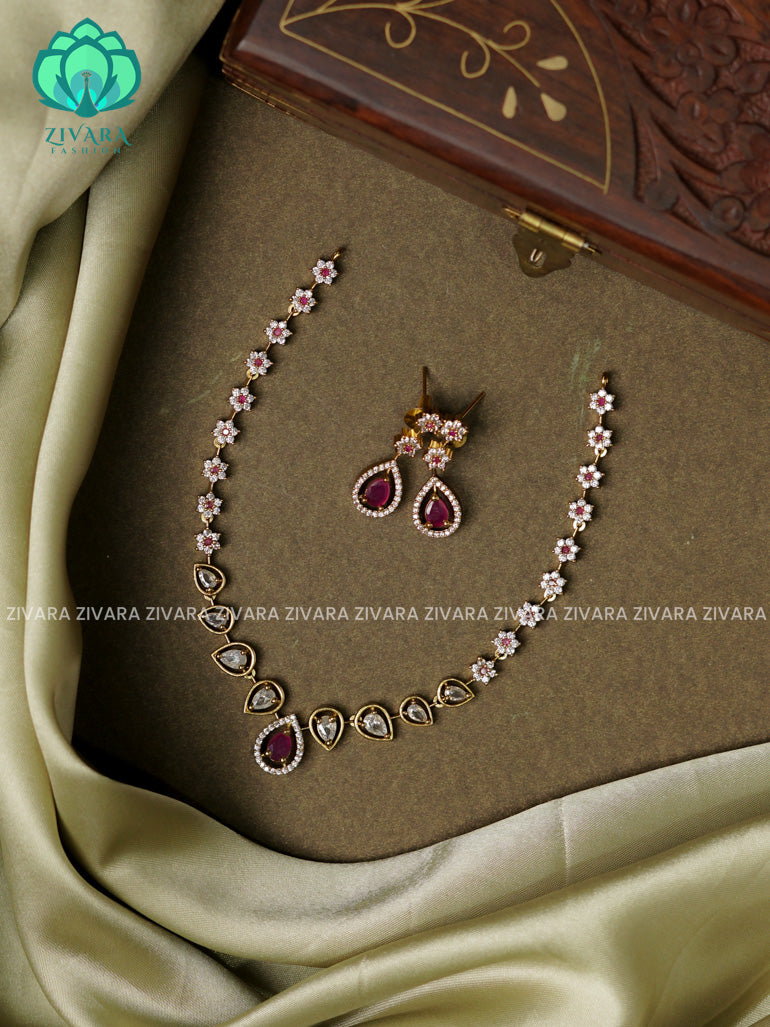 RUBY AND WHITE -TEAR MOTIF- stylish and minimal elegant neckwear with earrings- Zivara Fashion