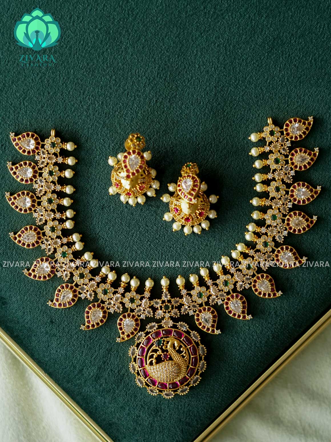 RUBY GREEN STONE MANGO WITH PEACOCK pendant   - Traditional south indian premium neckwear with earrings- Zivara Fashion- latest jewellery design