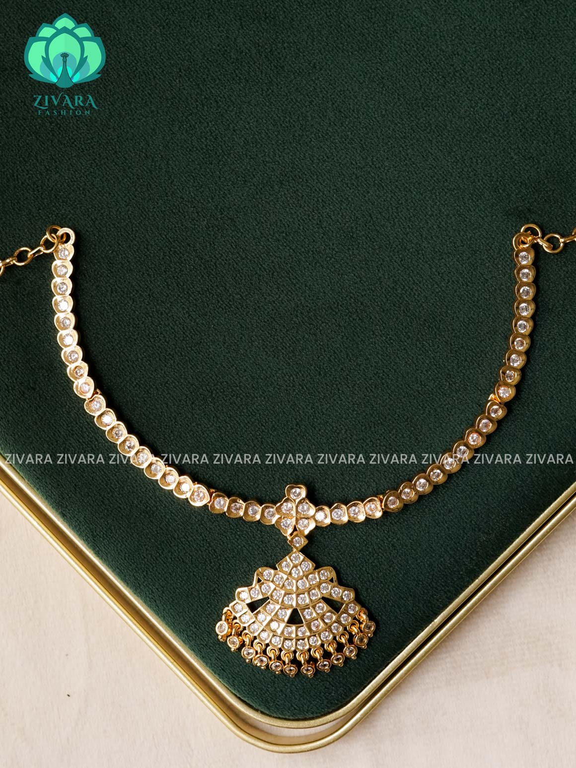 AMBIGAI-WHITE STONE MOTIF MICROGOLD POLISH ATTIGAI  - Zivara Fashion- latest jewellery desigN