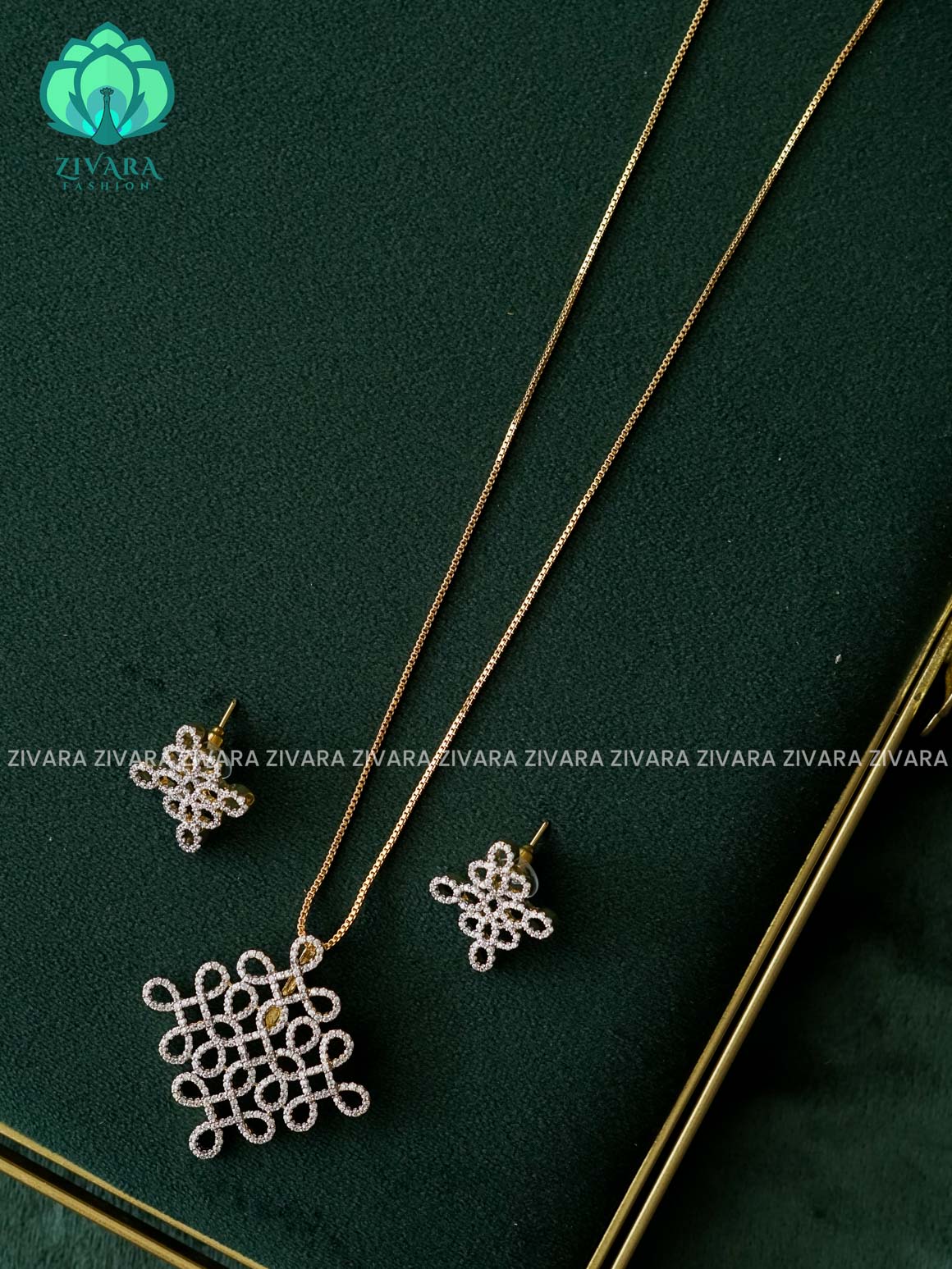 Zyra- Diamond replica Gold polish-pendant set and earrings ( CHAIN COMPLIMENTARY)  -Trending office wear jewellery-Zivara fashion