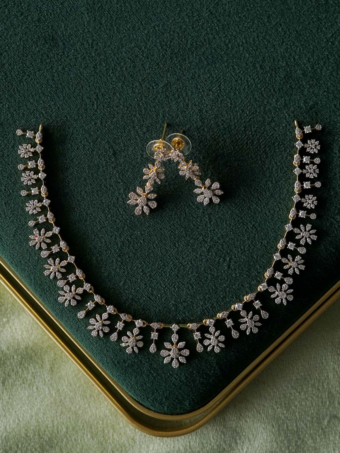 WHITE STONE FLORAL  - AD MICROGOLD POLISH WITH EARRING - Zivara Fashion- latest jewellery design