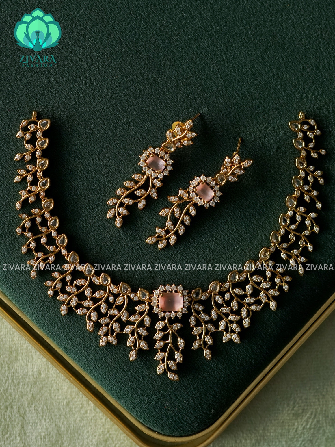 PASTEL PINK LEAFY DIAMOND REPLICA - stylish and minimal elegant neckwear with earrings- Zivara Fashion