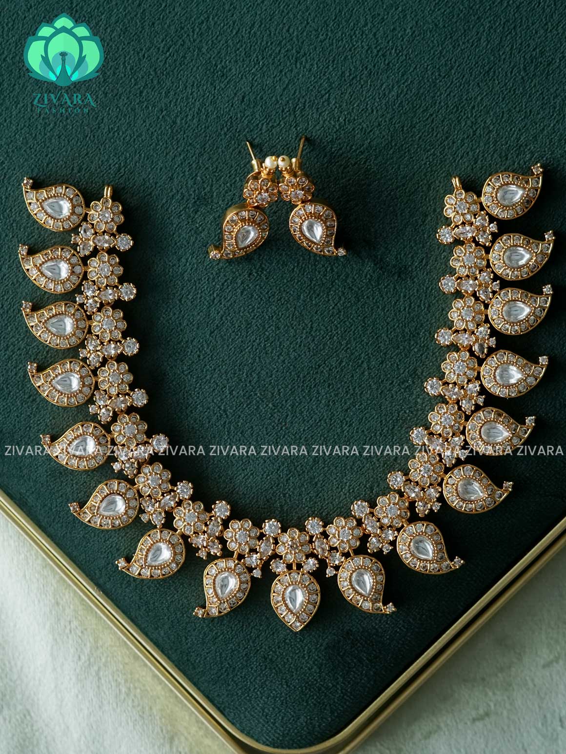 AKSHAYAM - JADAU WHITE STONE MANGA NECKWEAR - Traditional south indian premium neckwear with earrings- Zivara Fashion- latest jewellery design