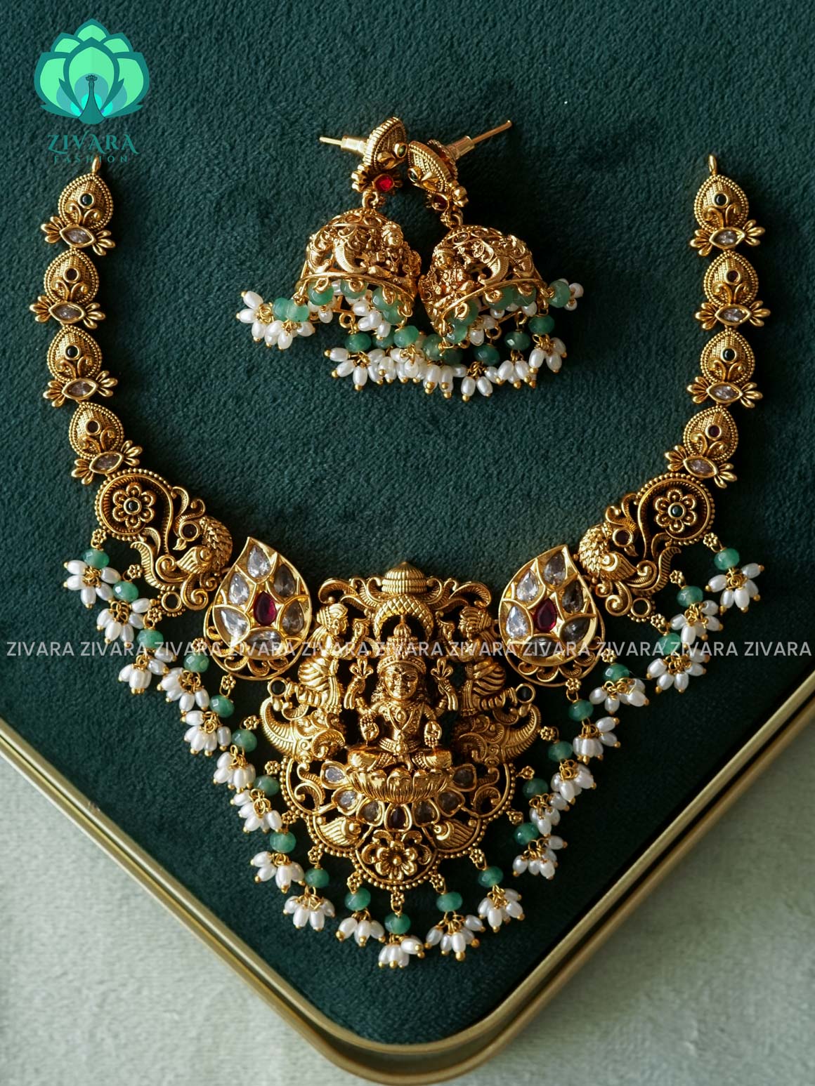 Akshayam- LAKSHMI WITH GREEN BEADS HANGINGS - bridal temple neckwear -Traditional south indian premium neckwear with earrings- Zivara Fashion- latest jewellery design