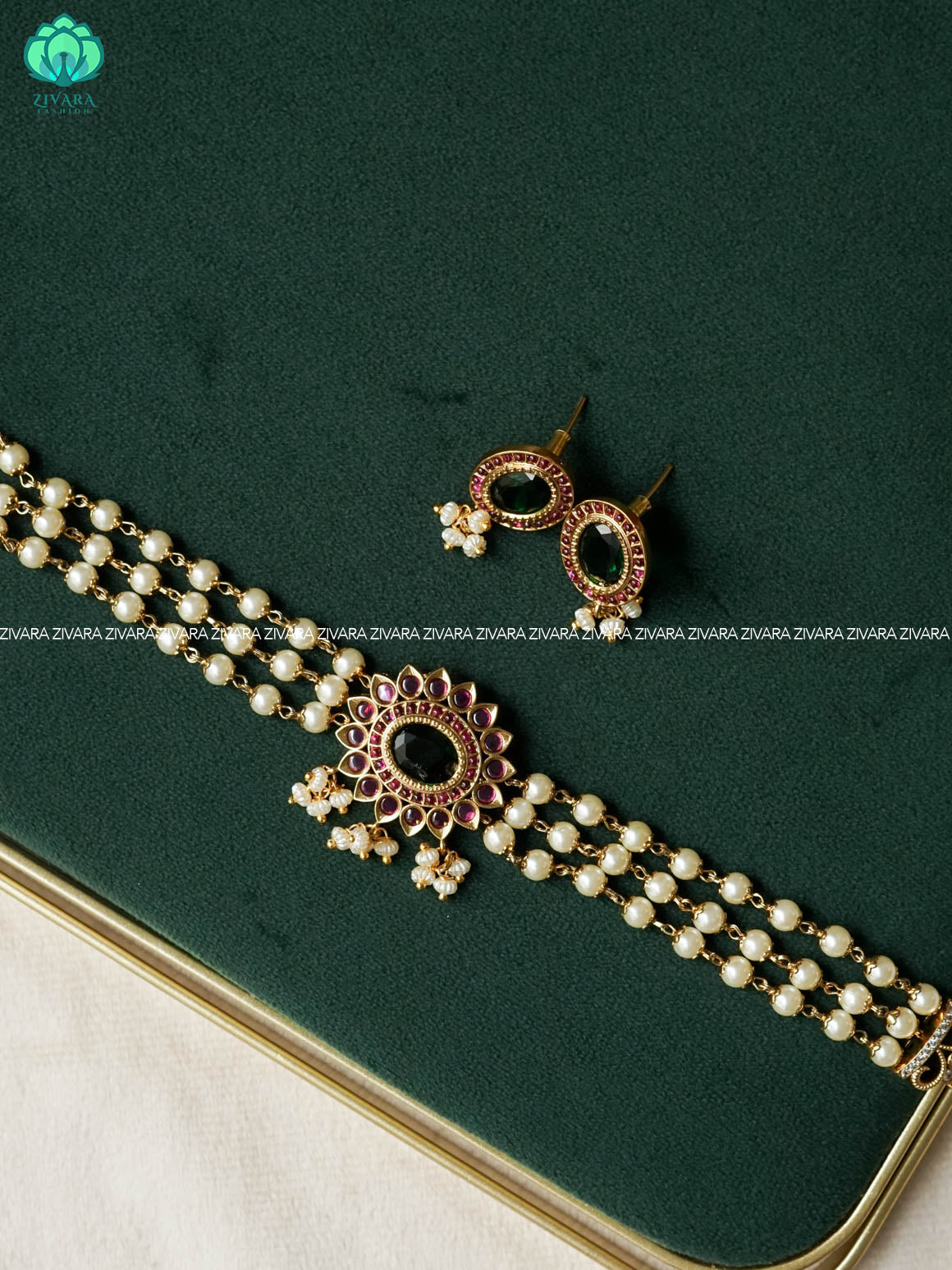 GREEN STONE PEARL  CHOKER  -  TRADITIONAL CHOKER COLLECTION WITH EARRINGS- LATEST JEWELLERY COLLECTION