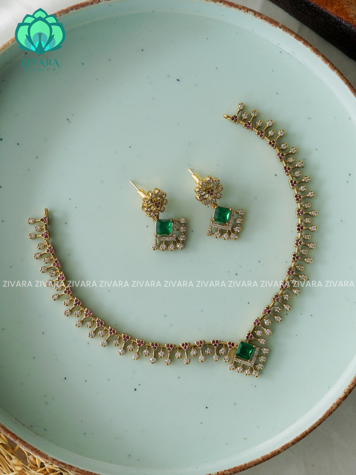 RUBY GREEN  - Kids friendly diamond replica stylish and minimal elegant neckwear with earrings- Zivara Fashion