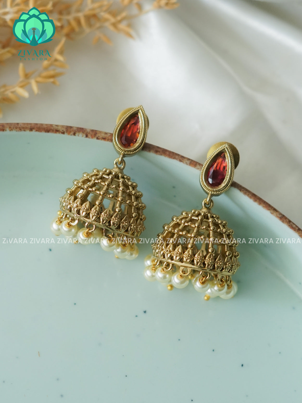 RUBY VINATGE TEAR TRADITIONAL PREMIUM MATTE  polish JHUMKA- latest jewellery collection- zivara fashion