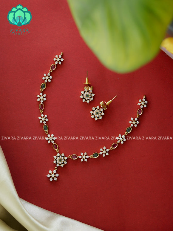 RUBY AND GREEN STAR AD MOTIF FREE - stylish and minimal elegant neckwear with earrings- Zivara Fashion