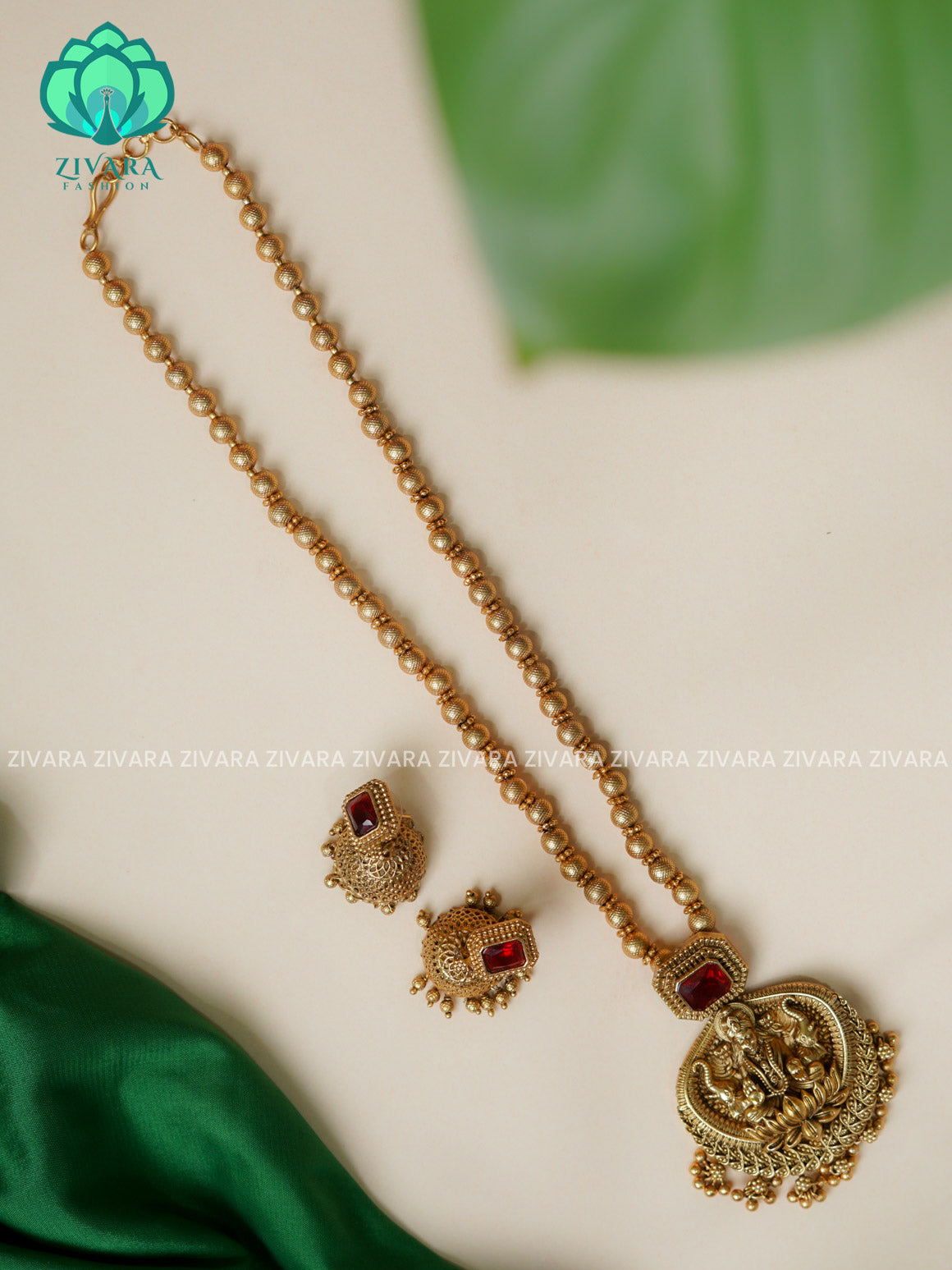 RUBY TEMPLE PENDANT BALL CHAIN - Traditional PREMIUM MATTE polish MIDCHEST haaram/neckwear with earrings- Zivara Fashion