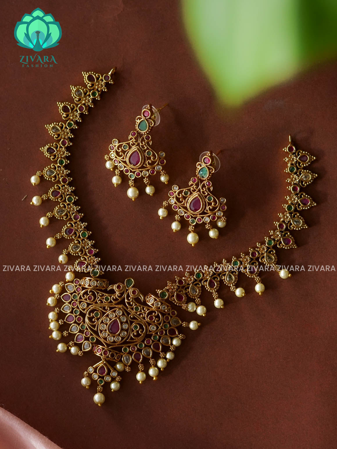 RUBY GREEN  - premium matte NECKWEAR  with earrings-latest south indian jewellery