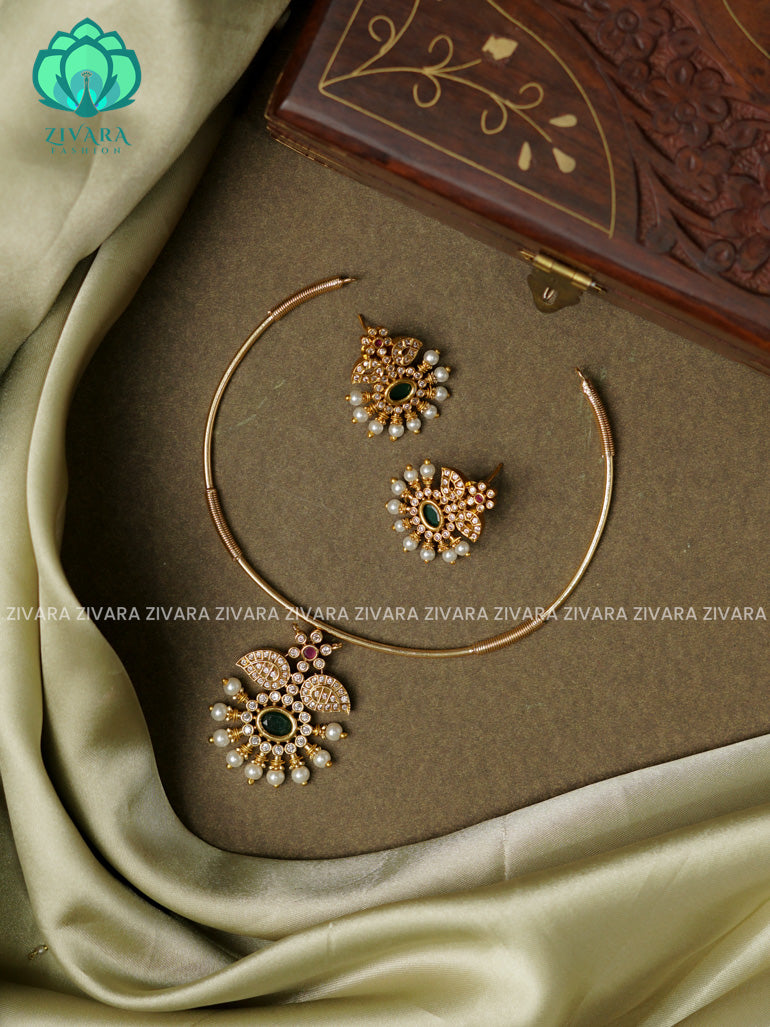 GREEN STONE PENDANT- HASLI -Traditional south indian premium neckwear with earrings- Zivara Fashion- latest jewellery design