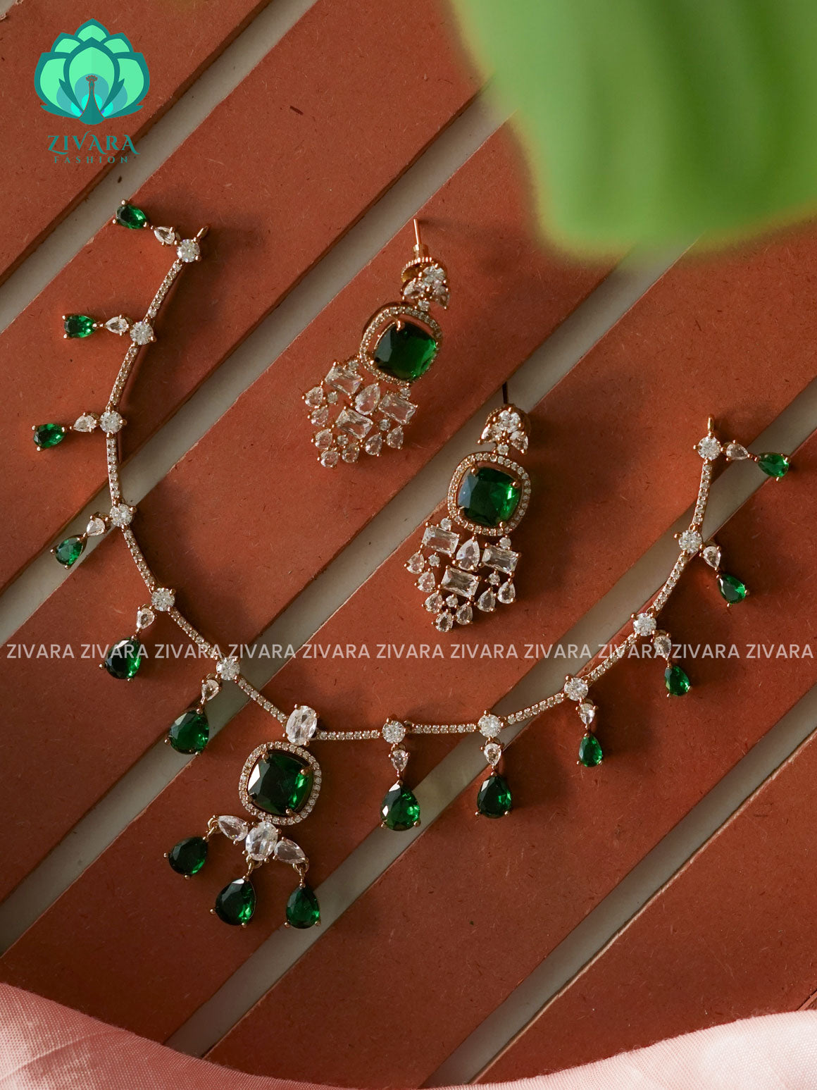 Green - Gorgeous - stylish and minimal elegant neckwear with earrings- Zivara Fashion