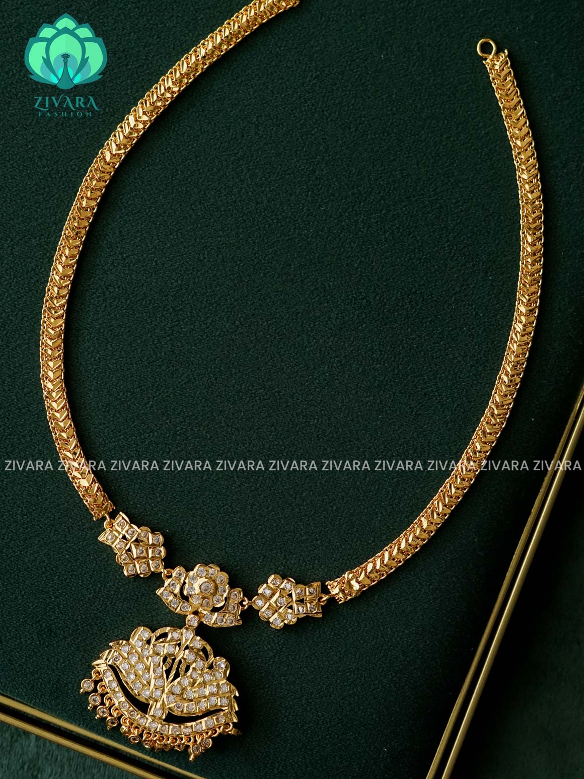 AMBIGAI - WHITE STONE  MOTIF MICRO POLISH MIDCHEST with premium gold polish -Traditional south indian premium neckwear with earrings- Zivara Fashion- latest jewellery design