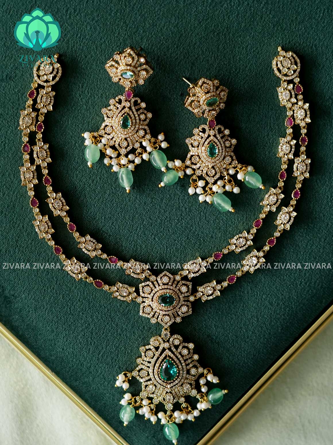 AKSHAYAM - 2 LAYER GREEN BEADS HEAVY  BRIDAL HASLI -Traditional south indian premium neckwear with earrings- Zivara Fashion- latest jewellery design.