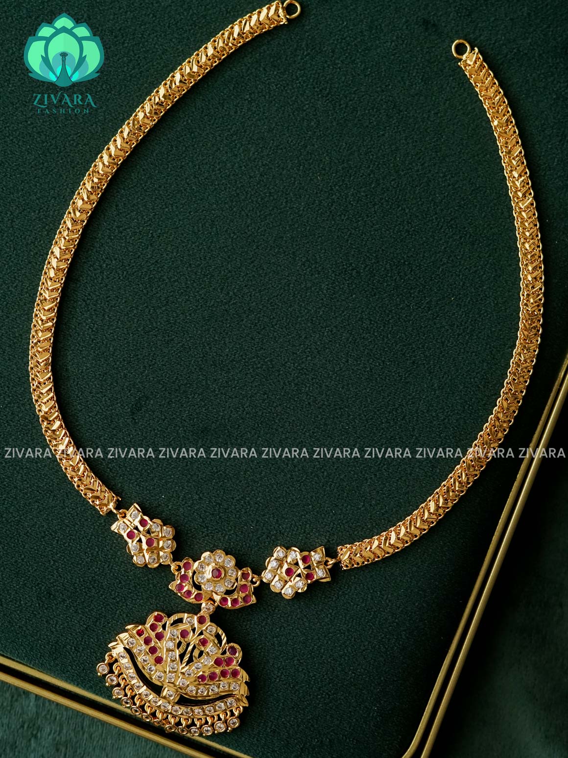 AMBIGAI - RUBY WHITE STONE  MOTIF MICRO POLISH MIDCHEST with premium gold polish -Traditional south indian premium neckwear with earrings- Zivara Fashion- latest jewellery design