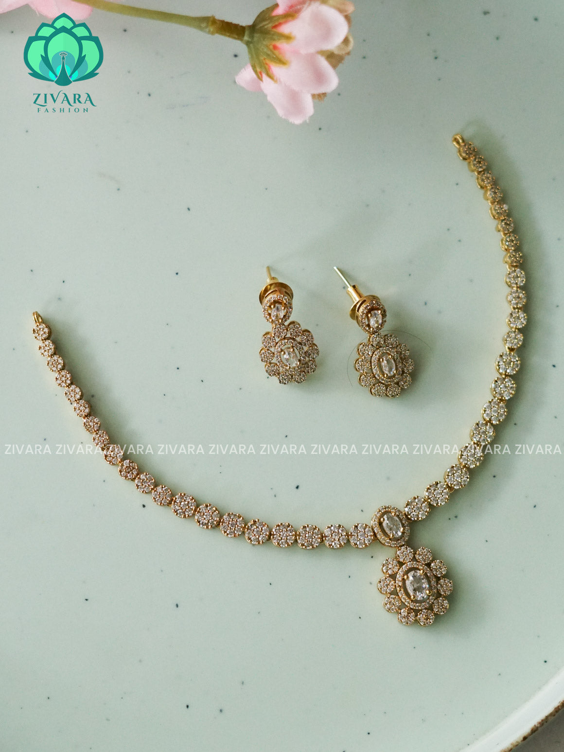 Kanya - WHITE STONE DIAMOND REPLICA - SUBTLE POLISH stylish and minimal elegant neckwear with earrings- Zivara Fashion