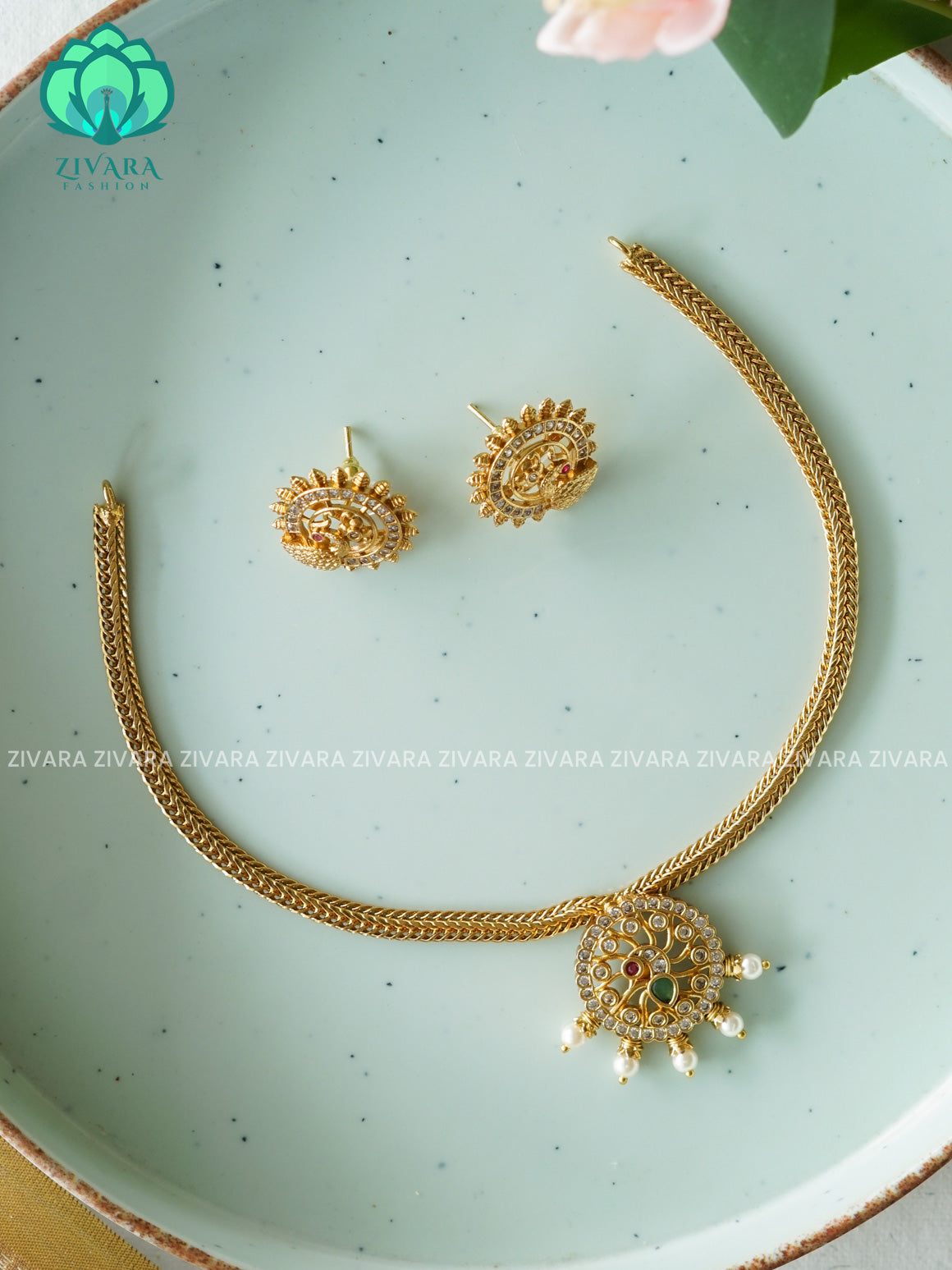 BHANU -PEACOCK Flexible chain- Traditional south indian NORMAL MATTE neckwear with earrings - Zivara Fashion