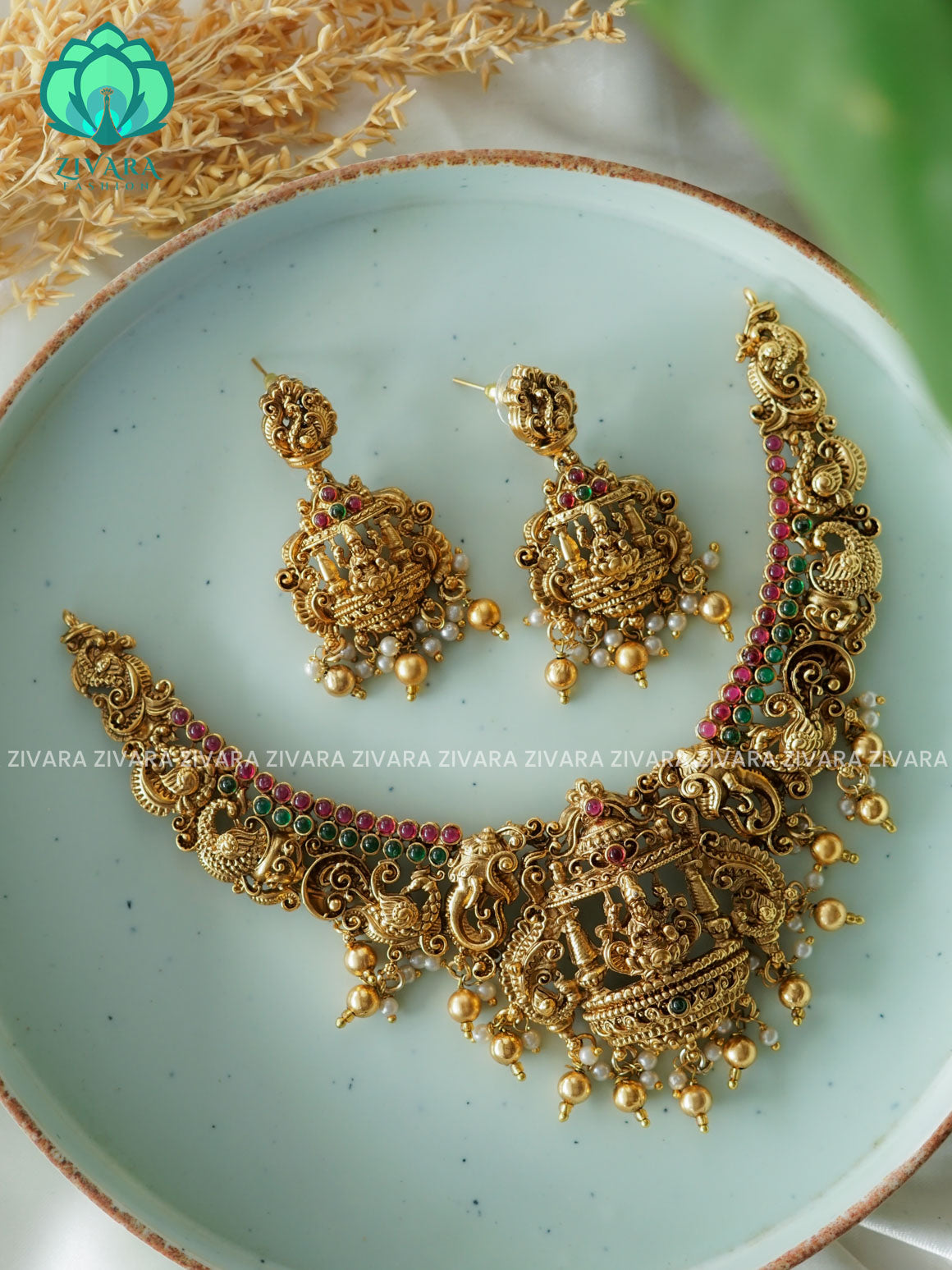 TEMPLE HEAVY BRIDAL    - Traditional south indian NORMAL MATTE neckwear with earrings- Zivara Fashion- latest jewellery design