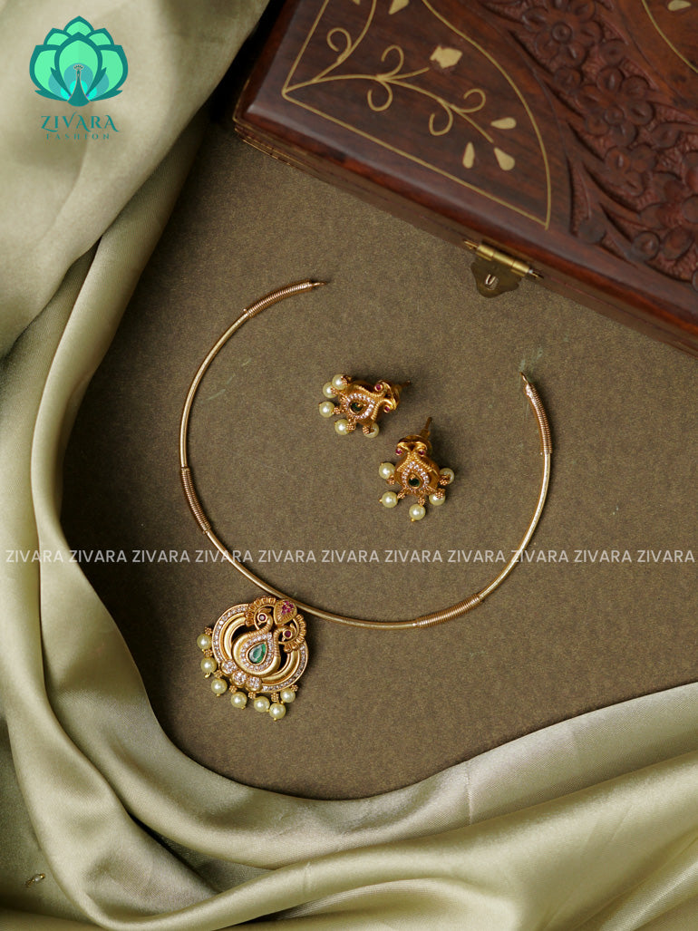 GREEN STONE PENDANT- HASLI -Traditional south indian premium neckwear with earrings- Zivara Fashion- latest jewellery design