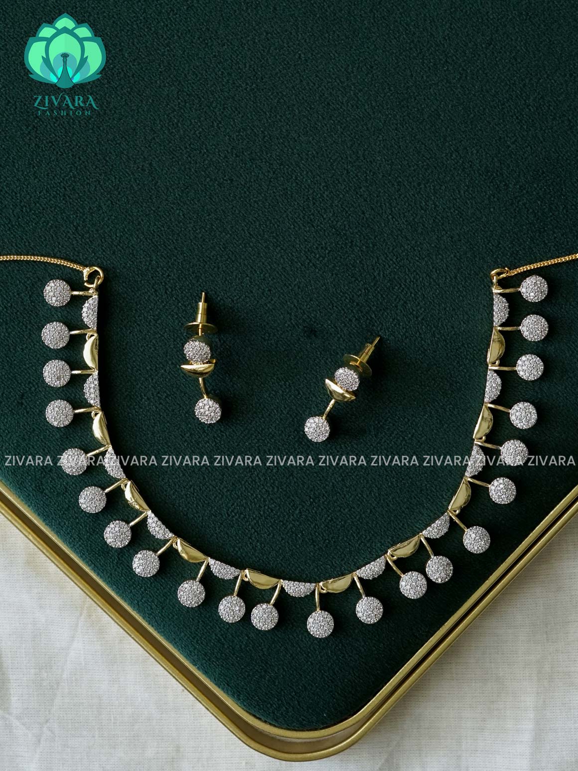 WHITE STONE AD CIRCLE elegant neckwear with earrings - latest jewellery designs- Zivara Fashion