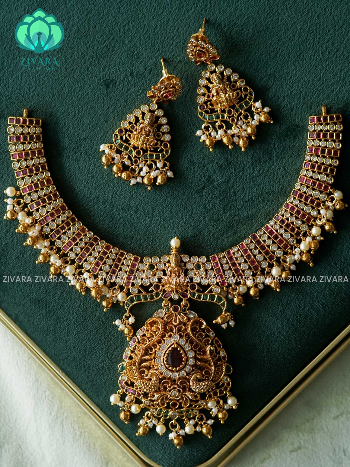 Akshayam- real kemp bridal temple neckwear -Traditional south indian premium neckwear with earrings- Zivara Fashion- latest jewellery design