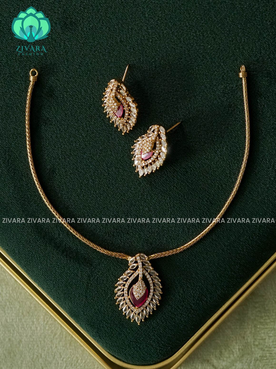 DHRUVA SERIES - RUBY WHITE LEAF SIMPLE KIDS FRIENDLY FLEXIBLE CHAIN  - Traditional south indian premium neckwear - Zivara Fashion- latest jewellery design.