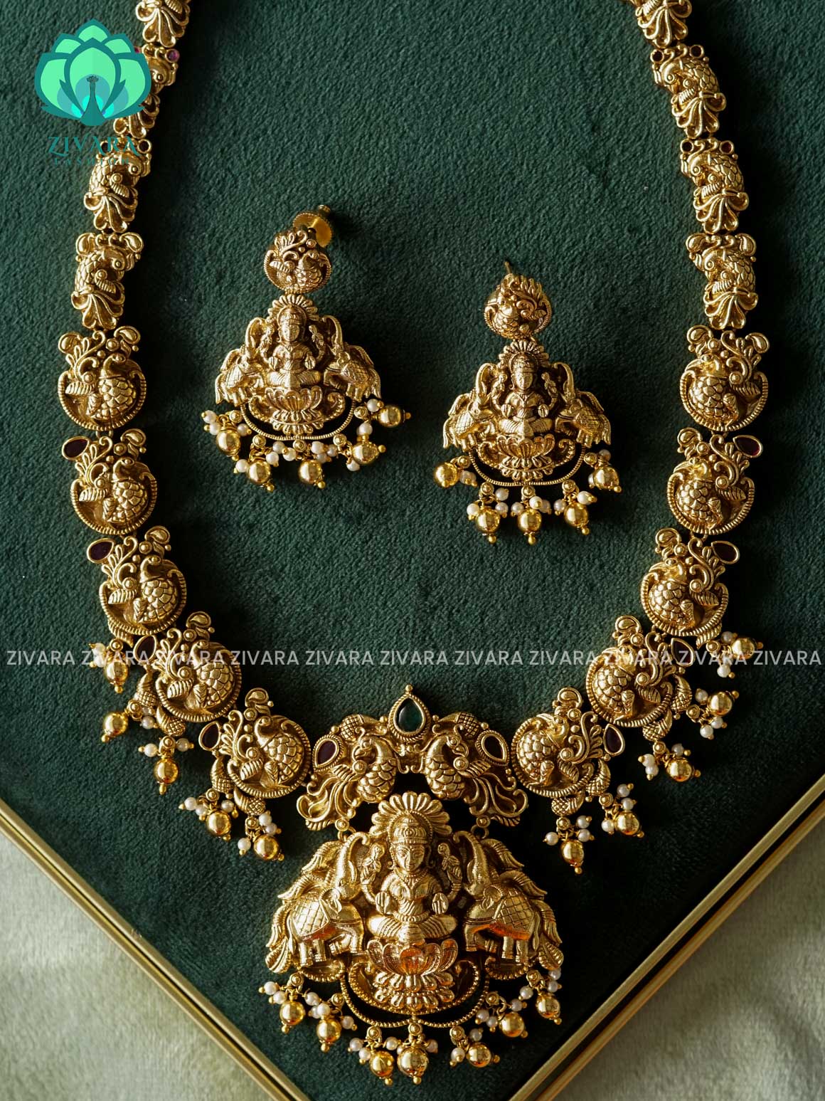 ELEPHANT TEMPLE PENDANT  MIDCHEST/HAARAM - Traditional PREMIUM MATTE polish MIDCHEST haaram/neckwear with earrings- Zivara Fashion