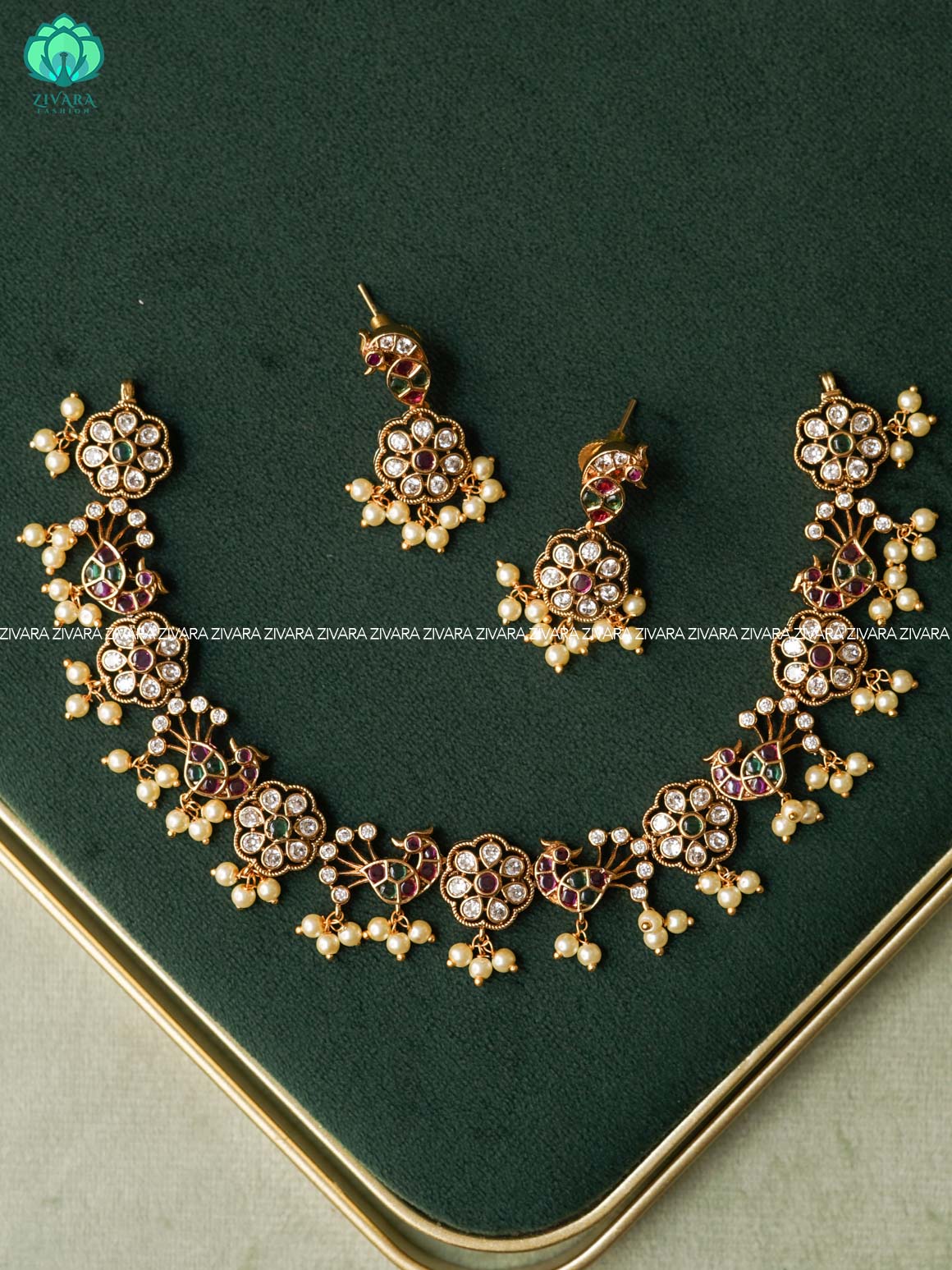 RUBY GREEN PEACOCK WITH FLORAL NECKWEAR - Traditional south indian premium neckwear with earrings- Zivara Fashion- latest jewellery design