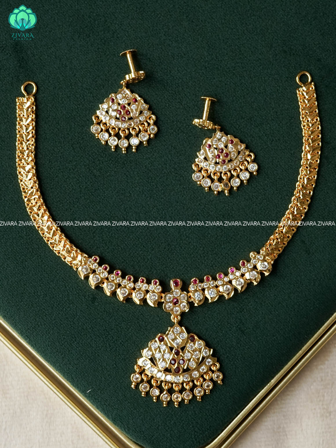 AMBIGAI - WHITE  STONE MANGA MOTIF MICROGOLD POLISH ATTIGAI WITH EARRINGS - Zivara Fashion- latest jewellery design