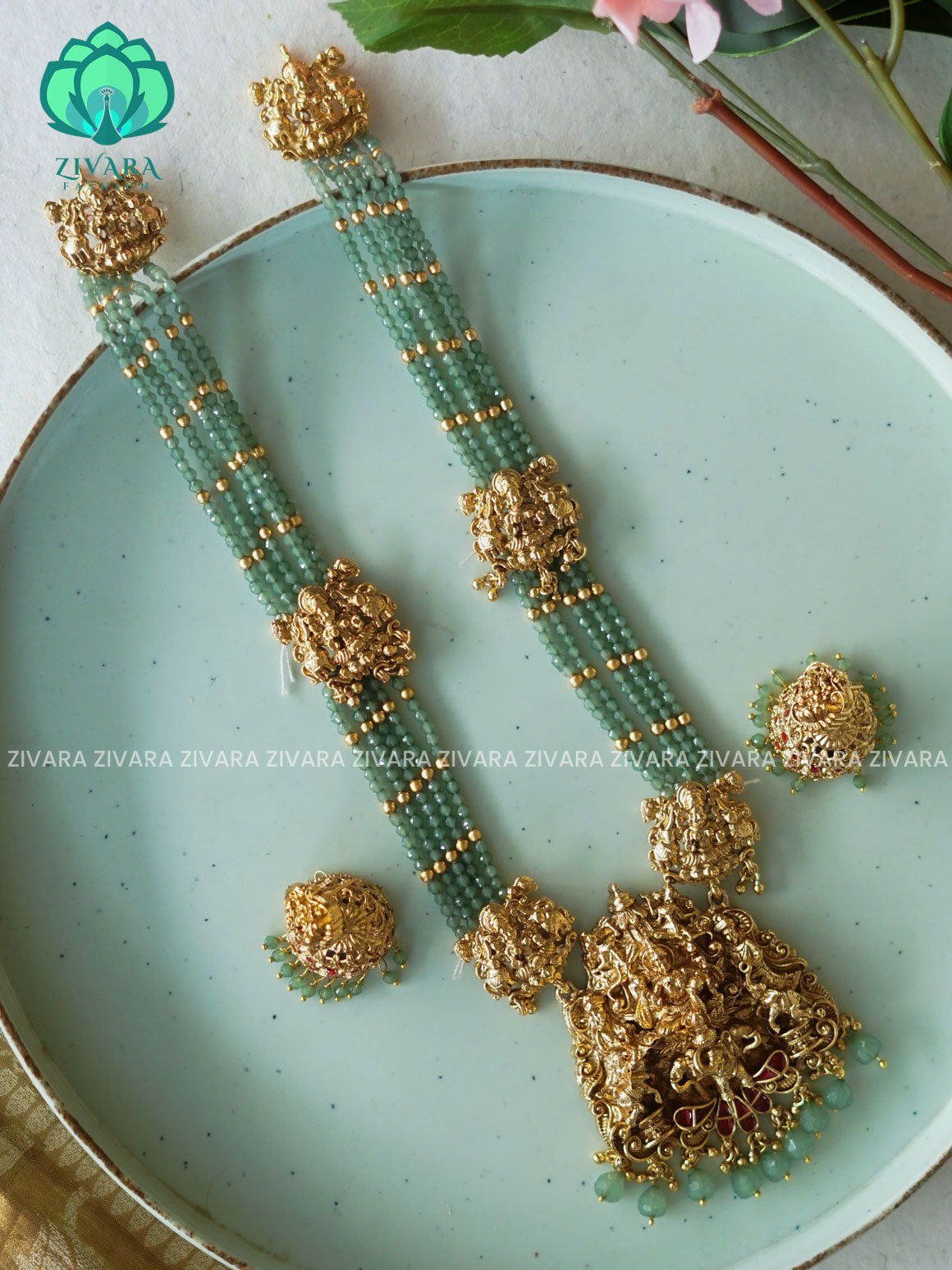 PASTEL Green beads haaram MIDCHEST  neckwear with earrings- normal Matte Finish- Zivara Fashion